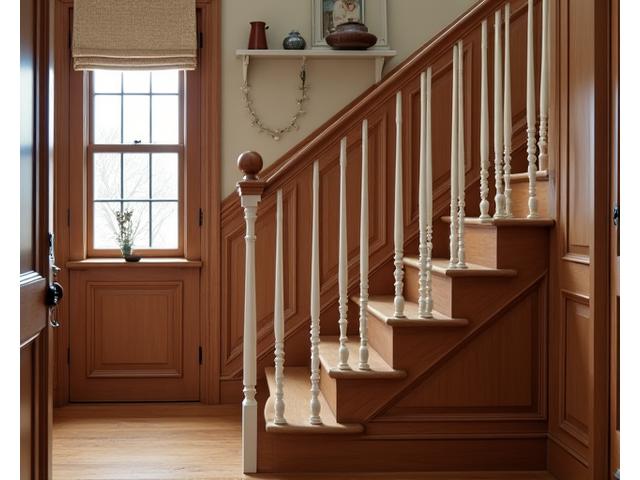 Timeless traditional wooden staircase with detailed newel posts and classic turned spindles